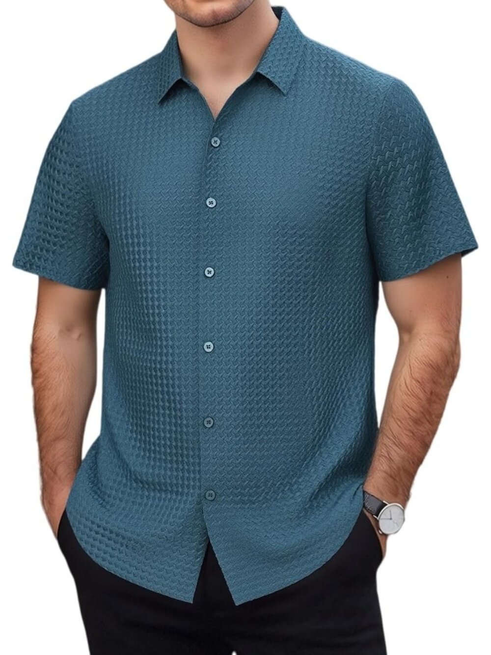 Men Teal Bubble Button Down Shirt 8-Way Stretch Wrinkle-Free Casual Style